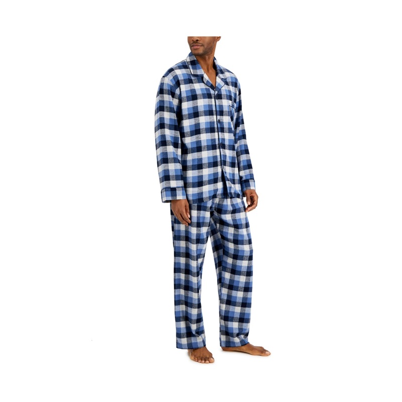 Hanes Men's Flannel Plaid Long Sleeve Pajama Set Navy Black White Large