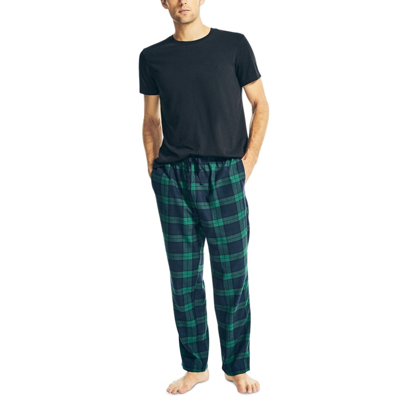 Nautica Men's 2 Piece Classic Fit T Shirt Plaid Pajama Pants Set Black Large