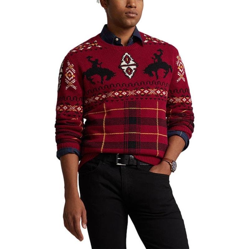Polo Ralph Lauren Men's Wool Western Inspired Fair Isle Sweater Small Red Combo