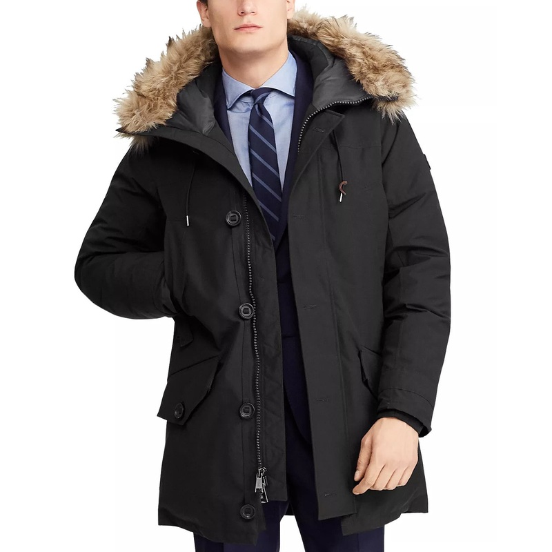 Polo Ralph Lauren Mens Faux Fur Trim Down Parka Coat XL Black