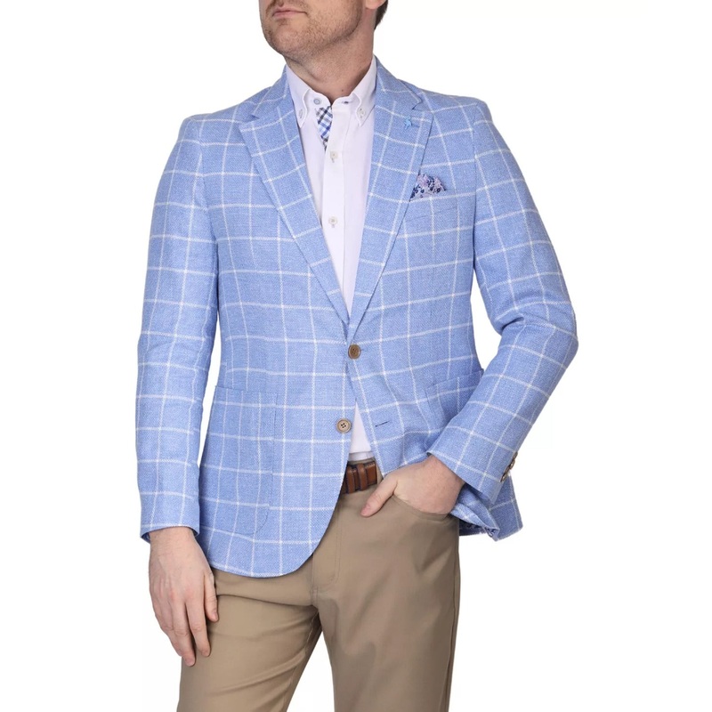 TAILORBYRD Mens Yarn Dye Linen Windowpane Sport Coat 40L Light Blue