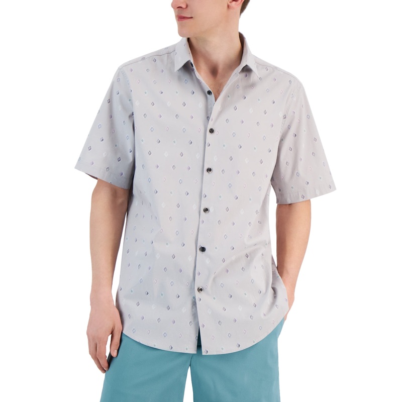 Alfani Men's Fulano Classic Fit Geo Print Button Down Poplin Shirt Grey Medium