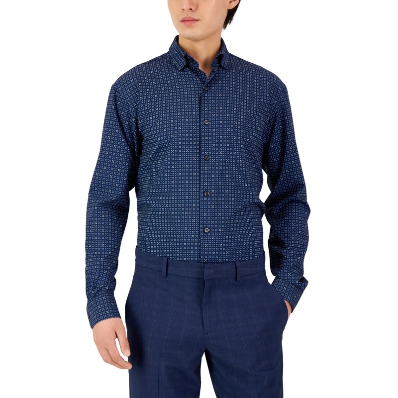 Alfani Men's Regular Fit Geo Print Dress Shirt Navy Blue 16 16.5 34 35