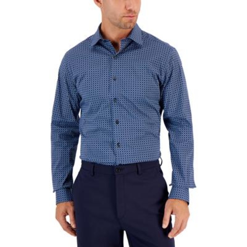Alfani Men's Slim Fit 2 Way Stretch Geometric Dress Shirt Blue 14 14 5 32 33