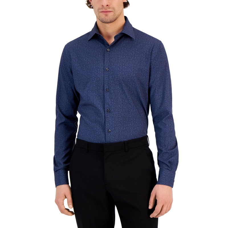 Alfani Men's Slim Fit 4 Way Stretch Slub Texture Dress Shirt Navy 17 17.5 36 37