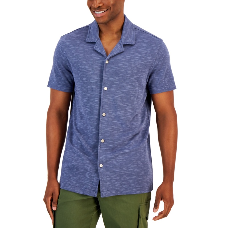 Alfani Men's Slub Pique Textured Short Sleeve Button Down Camp Shirt Blue XXL