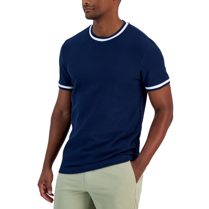 Alfani Men's Tipped Textured Pique Short Sleeve Crewneck T Shirt Blue White  XL