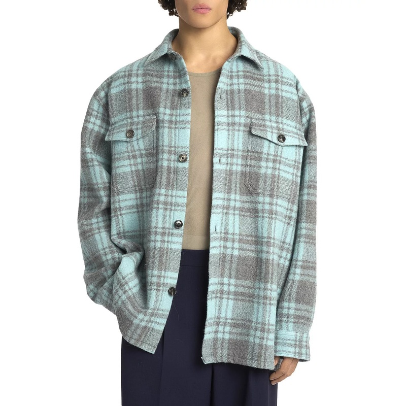 Ami Mens Pure Wool Maxi Overshirt Jacket Large Aqua Blue / Grey Plaid Portugal
