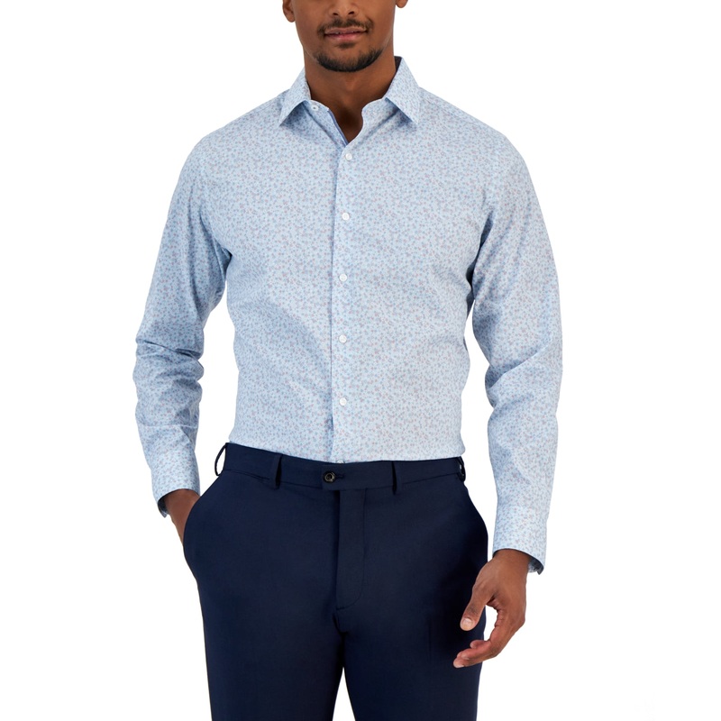 Bar Iii Men's Slim Fit Floral Print Dress Shirt Light Blue Small