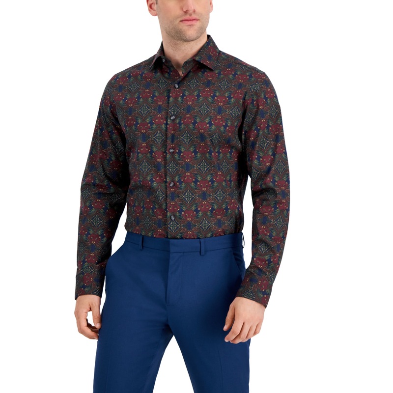 Bar Iii Men's Slim Fit Performance Stretch Geo Print Dress Shirt Red Blue Medium