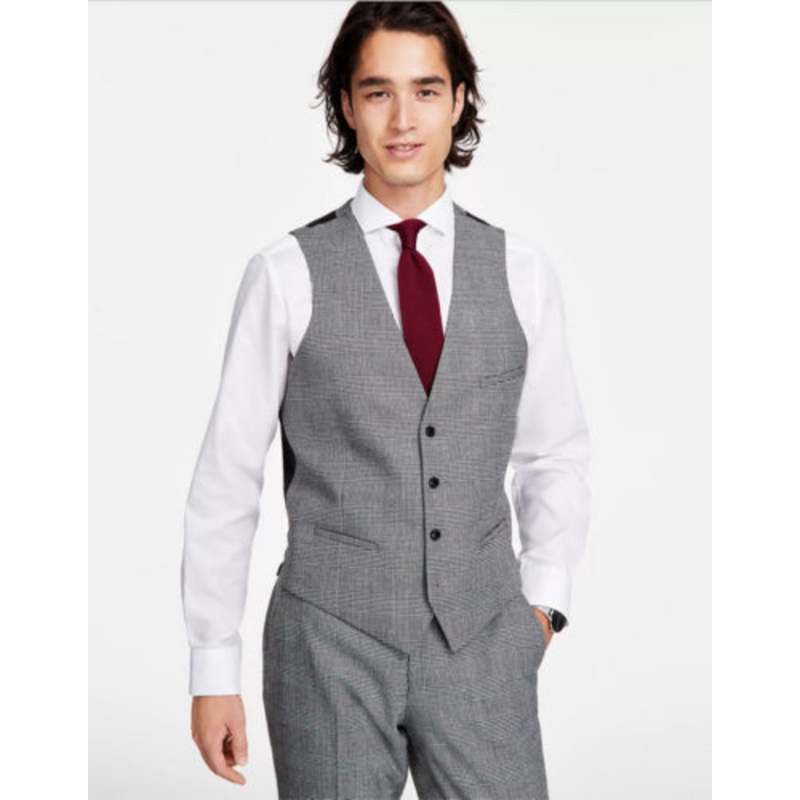 Bar III Men's Slim Fit  Plaid Suit Vest Black White Large