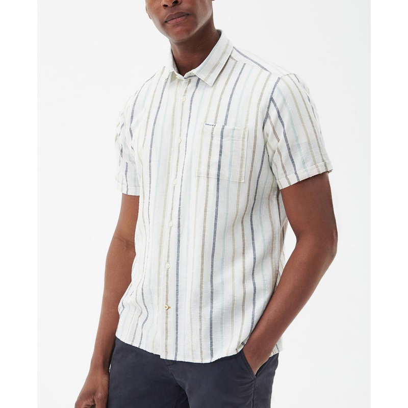 Barbour Mens Roker Short Sleeve Stripe Summer Button Down Shirt Ecru Medium