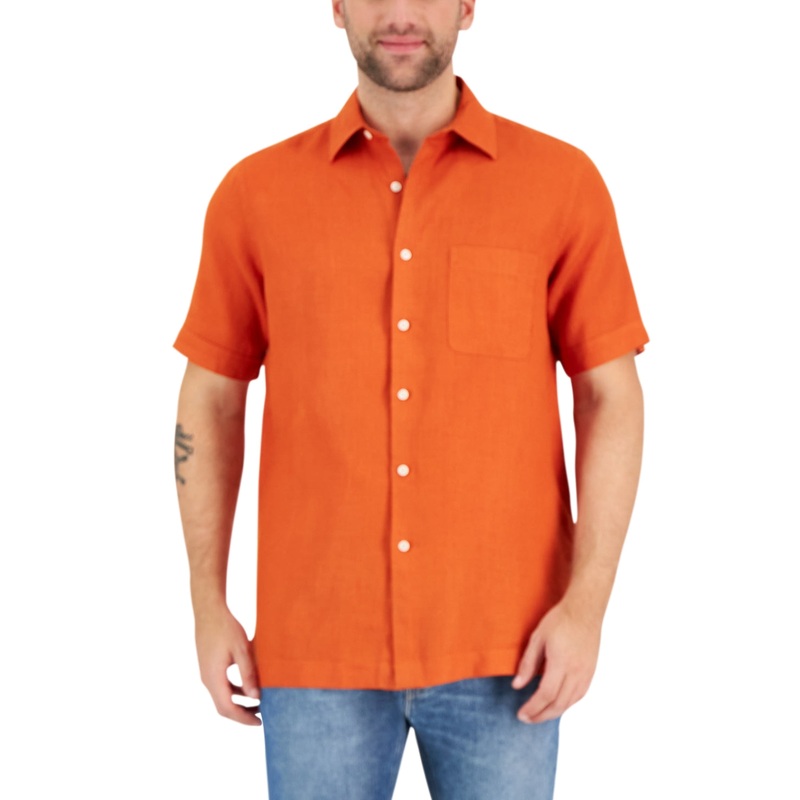 Club Room Men's 100% Linen Button Down Shirt Orange Small