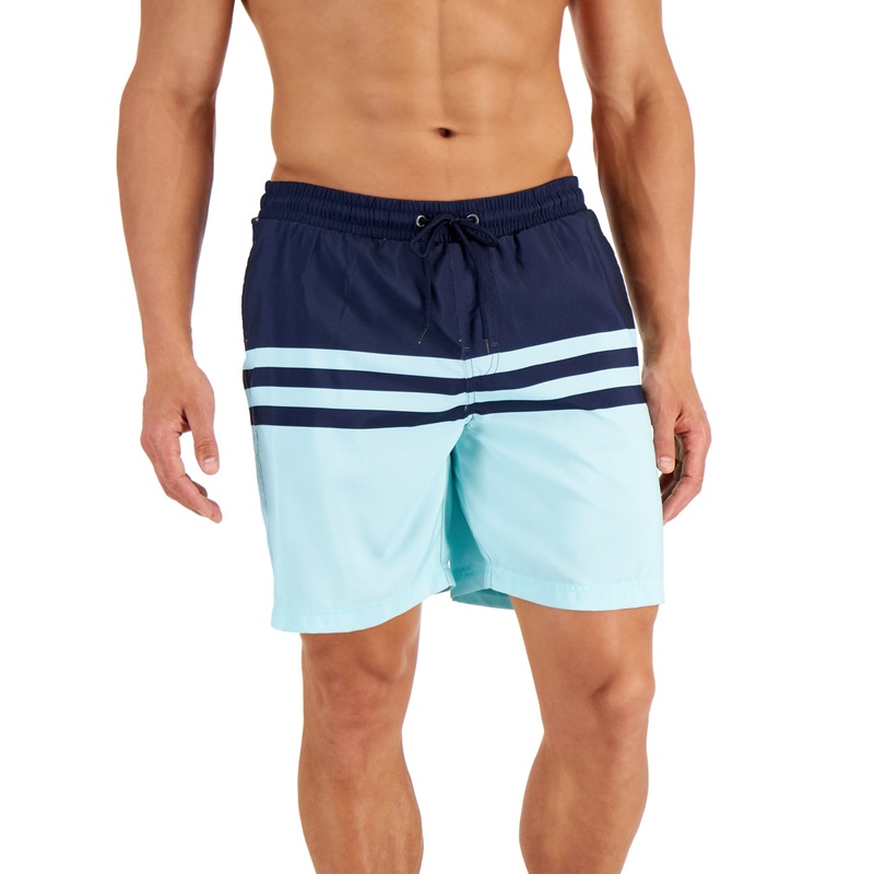 Club Room Men's Quick Dry Performance Colorblocked Stripe 7" Swim Trunks Blue Small