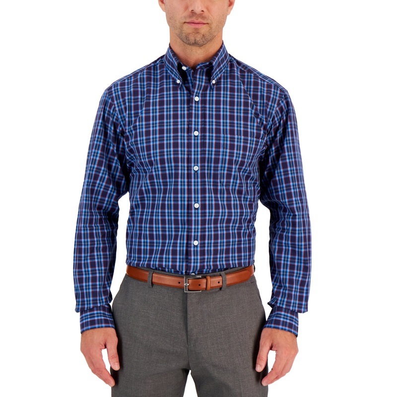 Club Room Men's Regular Fit Rojo Plaid Cotton Dress Shirt Navy Orange 18 34 35