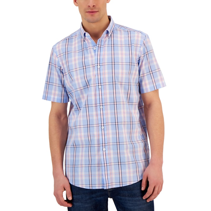 Club Room Men's Short Sleeve Printed Button Down Shirt Blue Combo XXL