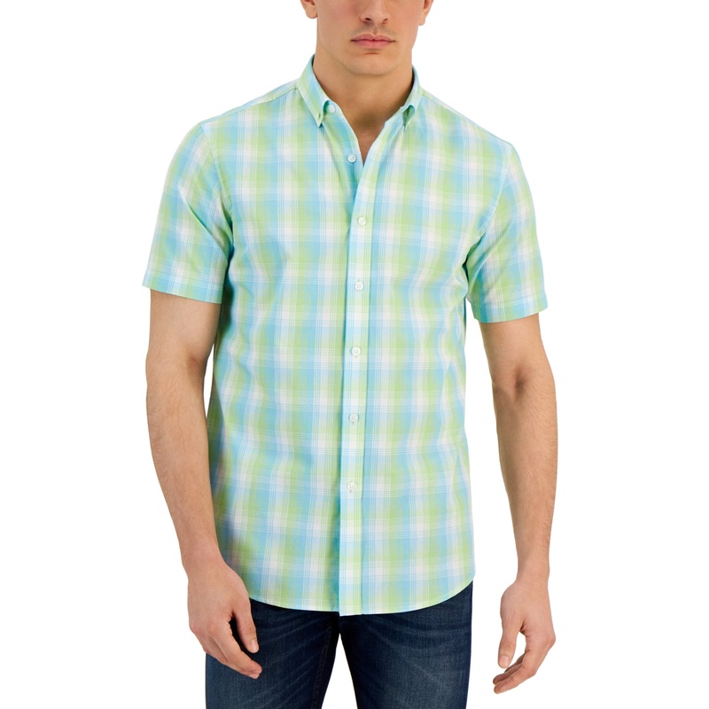 Club Room Men's Short Sleeve Printed Button Down Shirt Green Medium