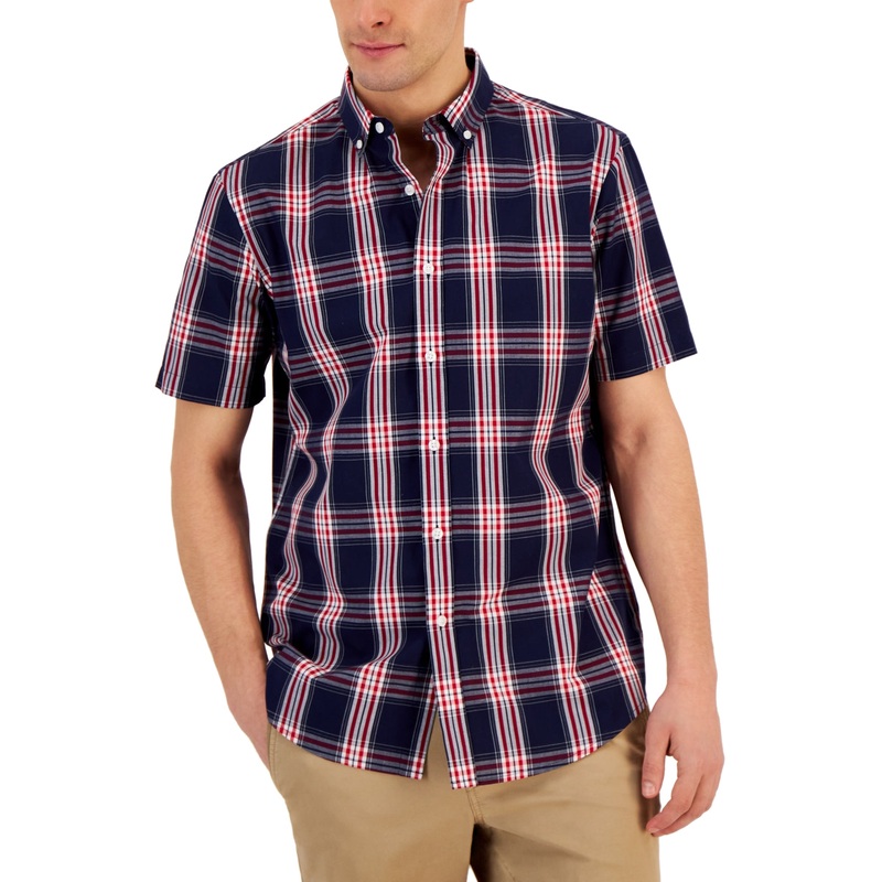 Club Room Men's Short Sleeve Printed Button Down Shirt Navy Plaid Large