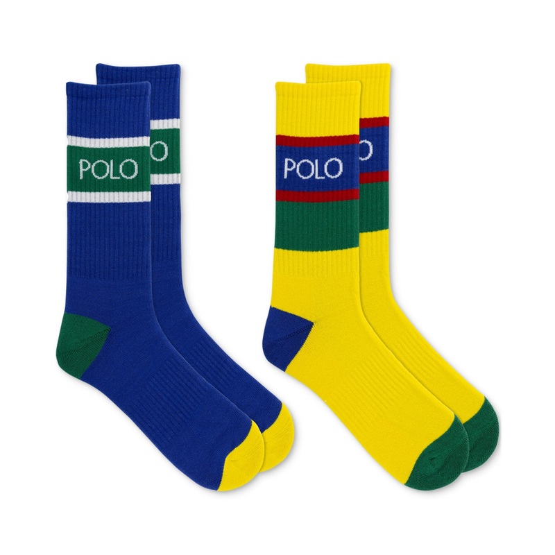 Polo Ralph Lauren Men's Logo Stripe Crew Socks 2 Pack Yellow Royal Blue