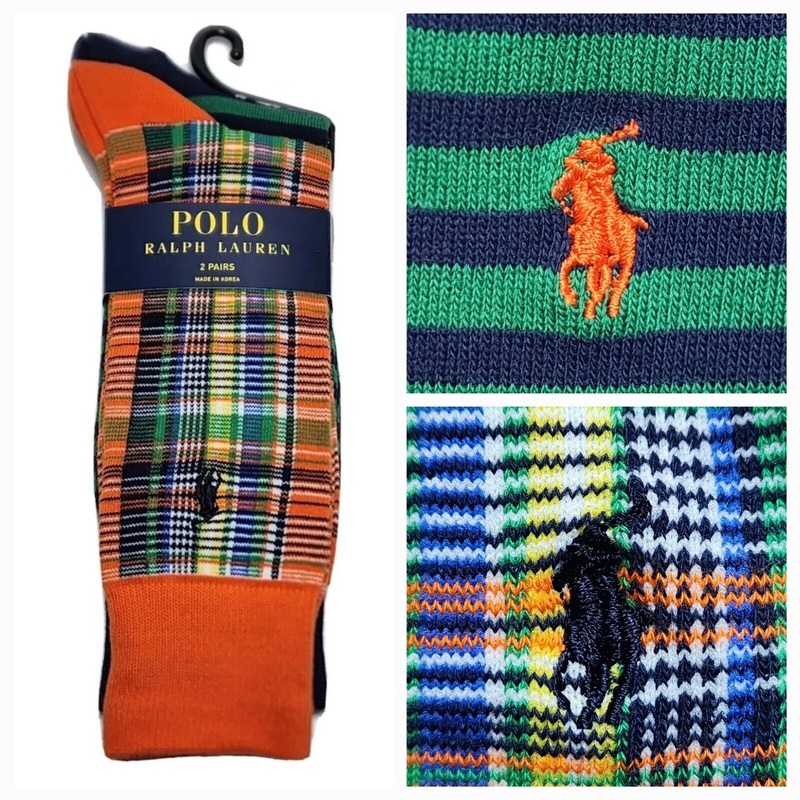Polo Ralph Lauren Men's Plaid Striped 2 Pk. Trouser Socks Orange