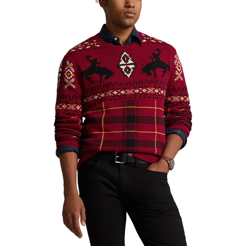 Polo Ralph Lauren Mens Western Inspired Fair Isle Sweater Large Red Combo Wool