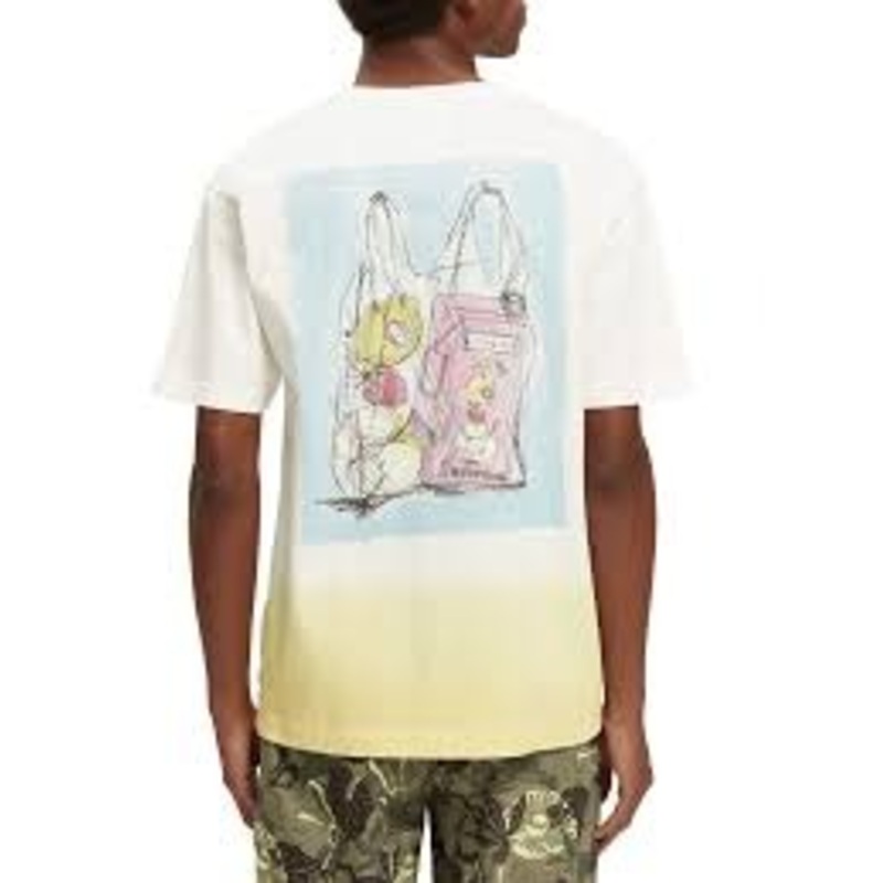 Scotch & Soda Mens Dip Died Summer Artwork T Shirt Medium White Yellow