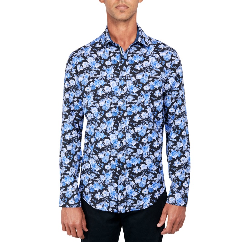 Society of Threads Mens Regular Fit Floral Print Button Down Shirt Navy Medium