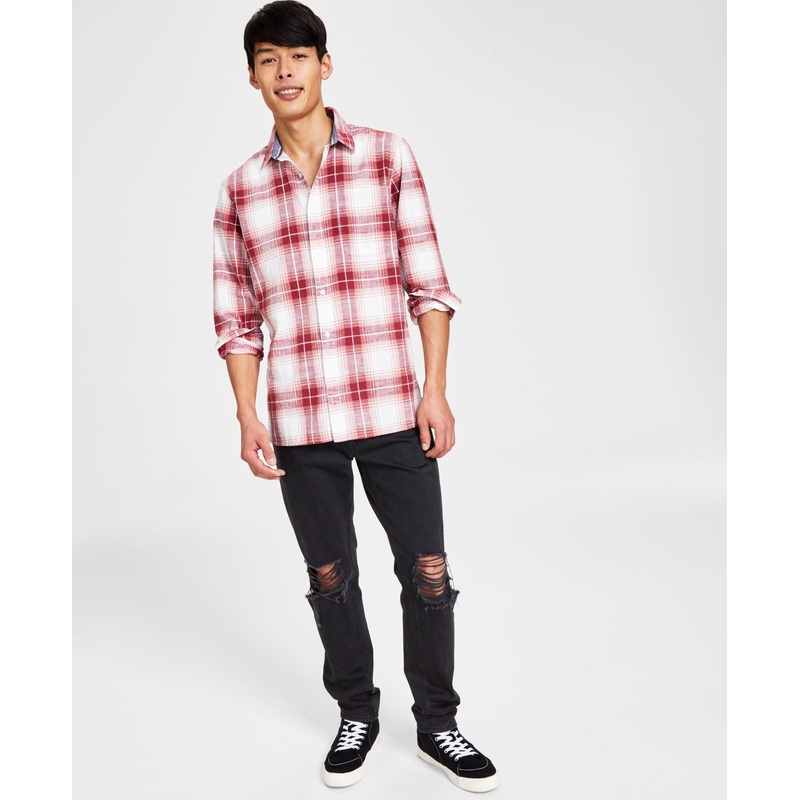 Sun + Stone Men's Brock Classic Fit Textured Plaid Button Down Shirt Red XL