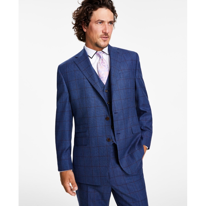 Tayion Collection Men's Classic Fit Stretch Windowpane Suit Jacket Navy 42L