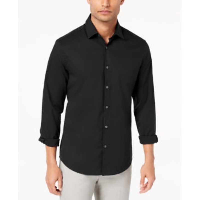 Alfani Men's Stretch Modern Solid Button Down Shirt Deep Black Large