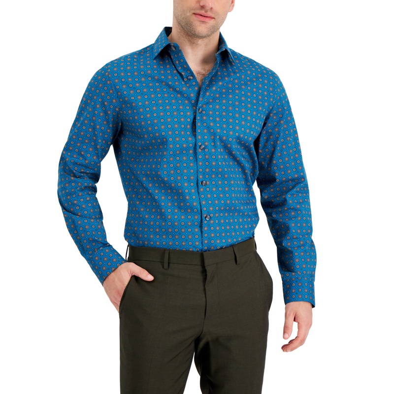 Bar Iii Men's Slim Fit Performance Stretch Medallion Dress Shirt Teal Blue Large