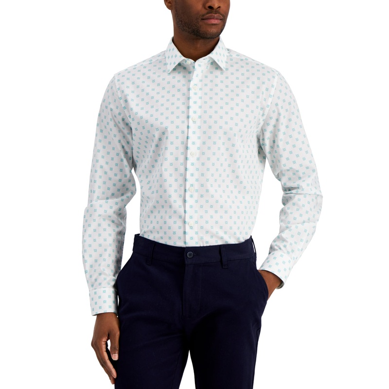Bar Iii Men's Slim Fit Stretch Medallion Print Dress Shirt White Green 14 14.5