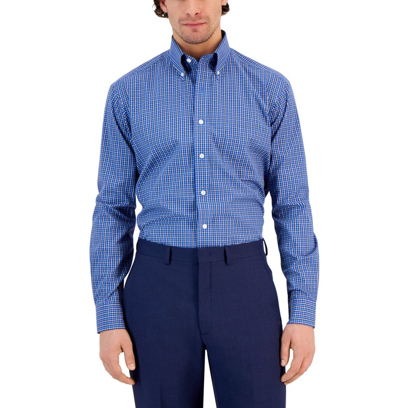 Club Room Men's Regular Fit Ditto Plaid Button Down Dress Shirt Blue 16.5 34 35