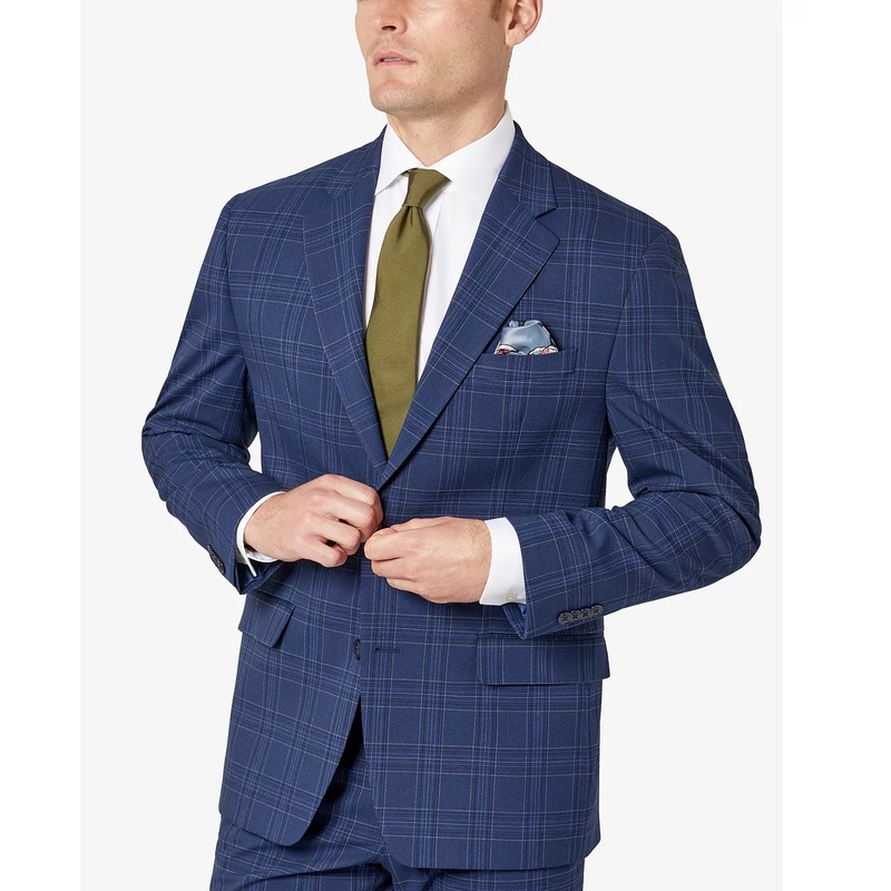 Sean John Mens Classic Fit Blue Plaid Pattern Suit Jacket 36S