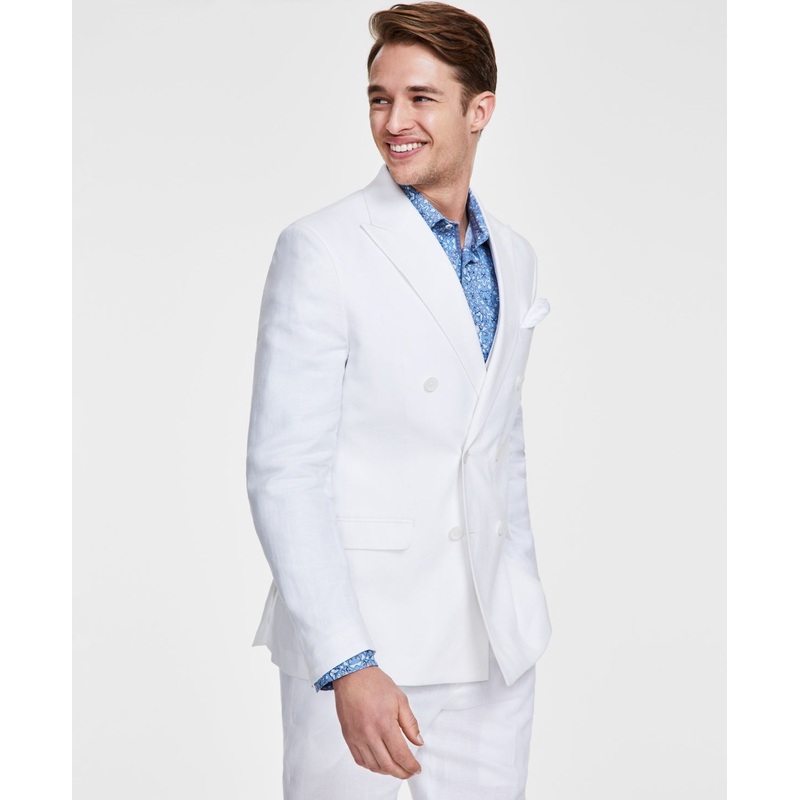 Bar Iii Men's Slim Fit Stretch Solid Linen Double Breasted Suit Jacket White 38S