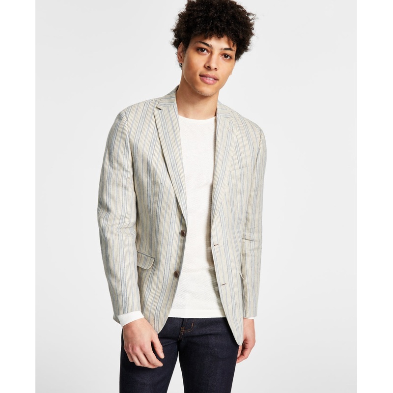 Bar III Men's Slim Fit Striped Suit Jacket Blue Cream 36R