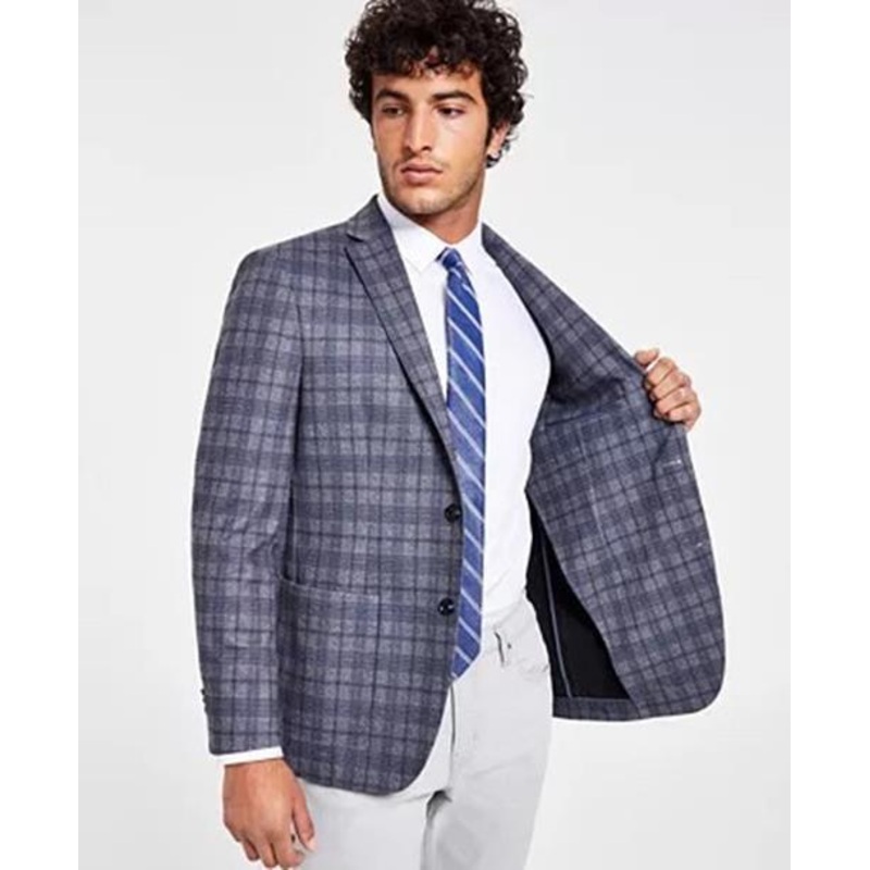 Bar IIII Men's Slim Fit Knit Sport Coat Grey Blue Plaid 38R