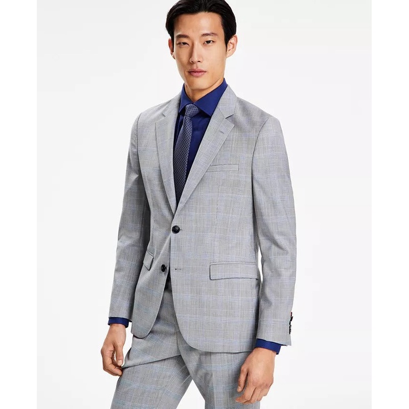 Hugo Boss Men's Modern Fit Plaid Wool Suit Jacket 40R Grey Blue Plaid