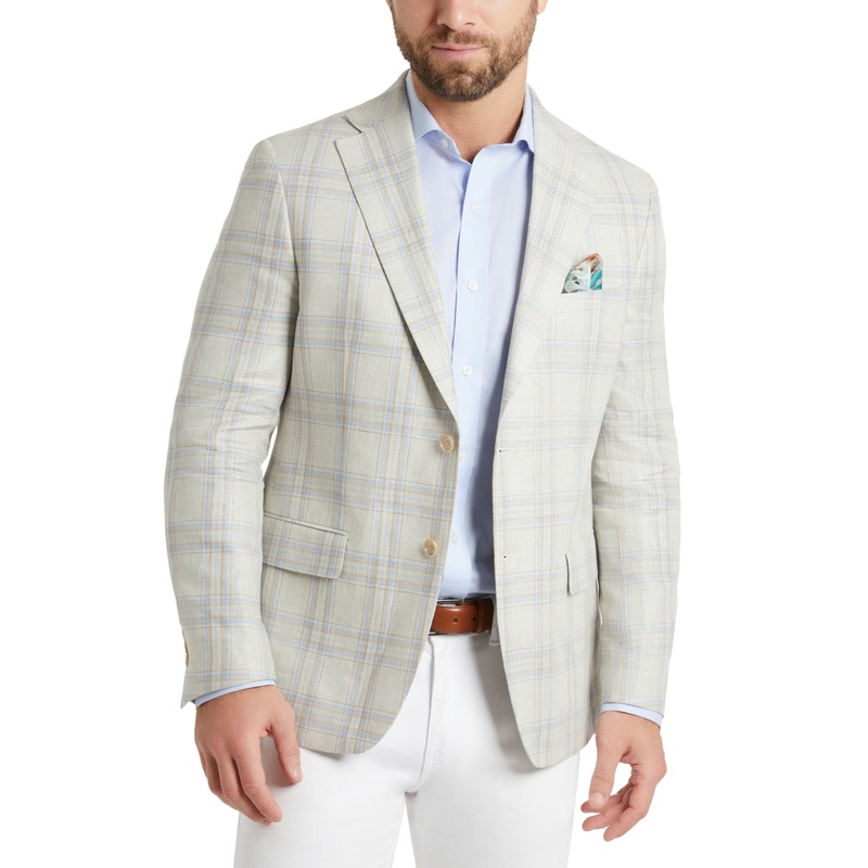 Tallia Mens Slim Fit Plaid Linen Sport Coat Tan Blue 44R
