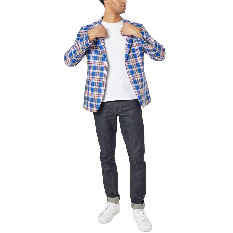 Tallia Mens Slim Fit Royal Linen Sport Coat Blue Plaid 44L