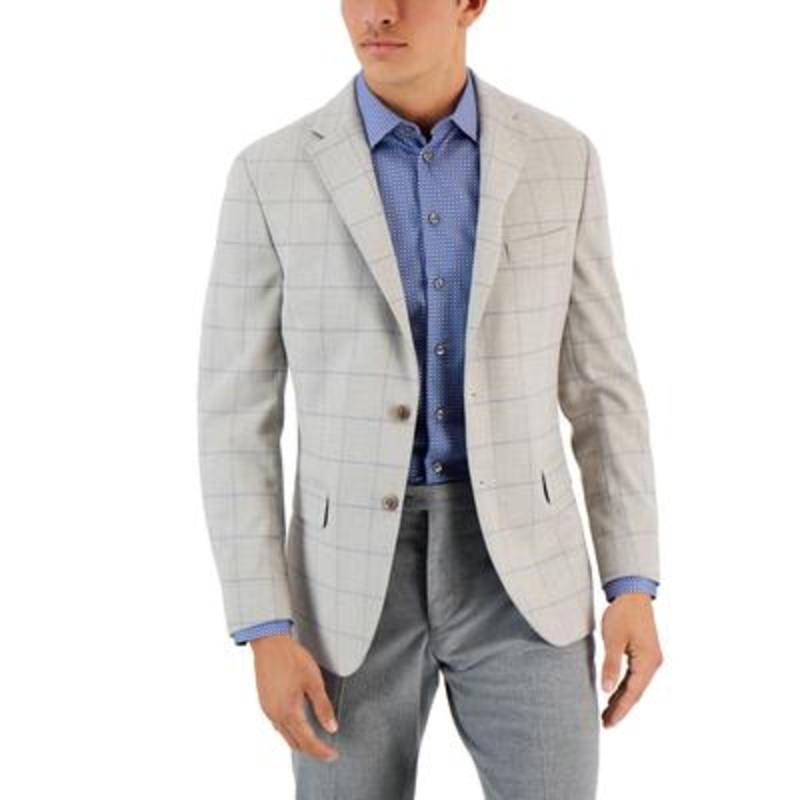 Tommy Hilfiger Men's Modern Fit Windowpane Blazer Light Grey 38S