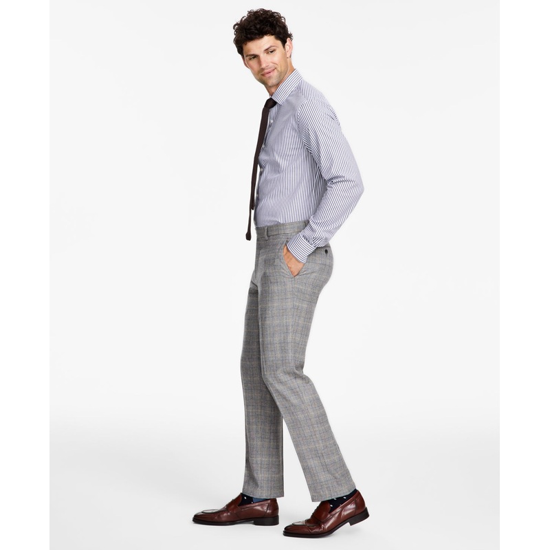 Tommy Hilfiger Mens Modern Fit Stretch Wool Dress Pants Grey Camel Plaid 38 x 30
