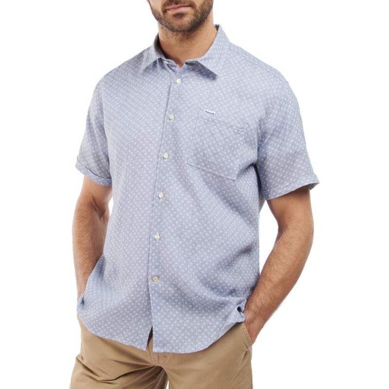 Barbour Mens Spot Linen Blend Short Sleeve Button Down Shirt Blue Medium