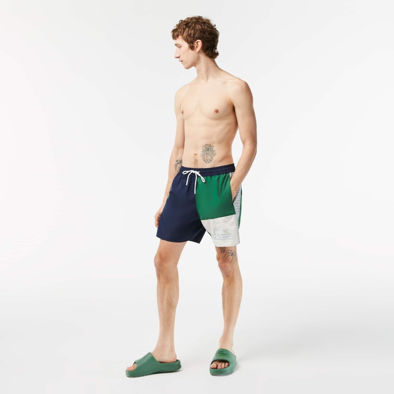 Lacoste Mens Colorblock Swim Trunks Blue Green Small
