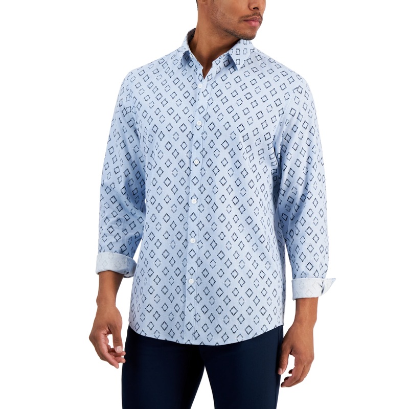 Alfani Men's Bachi Geo Print Button Down Shirt Croquis Blue XL