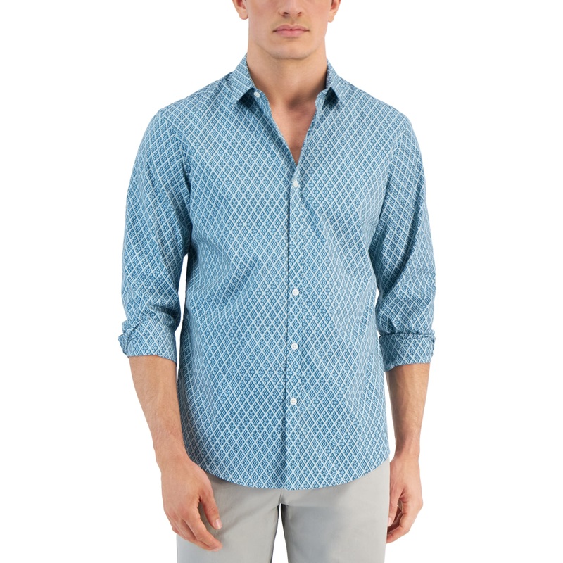 Alfani Men's Four Geo Print Long Sleeve Button Down  Shirt Could Blue Large