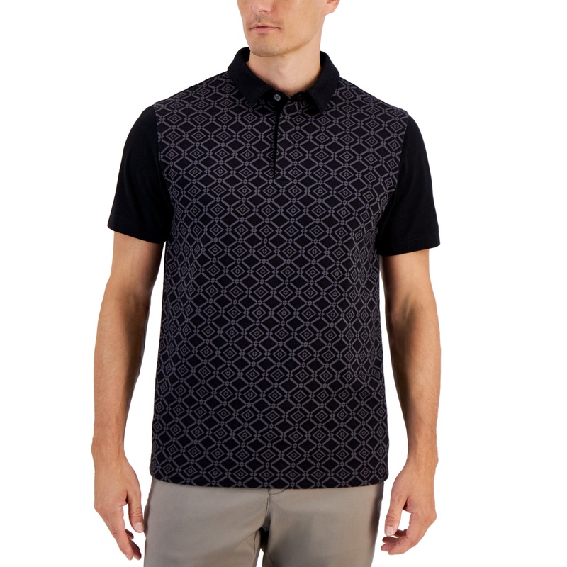 Alfani Men's Niko Regular Fit Geo Jacquard Polo Shirt Black XXL