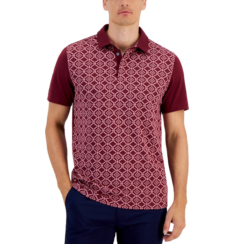 Alfani Men's Niko Regular Fit Geo Jacquard Polo Shirt Maroon Banner Red Small