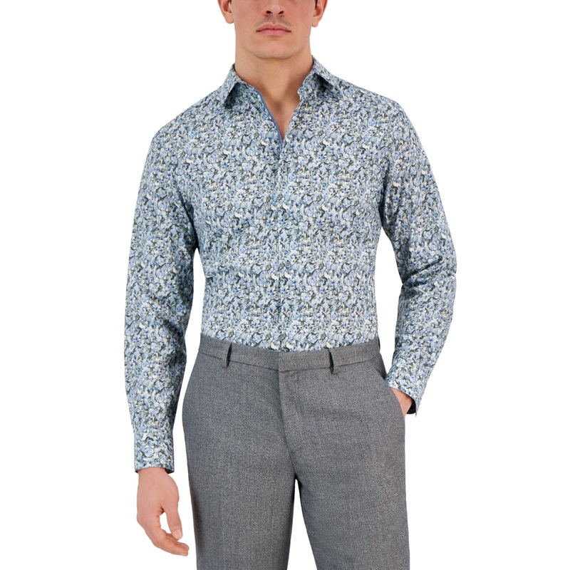 Bar Iii Men's Arte Slim Fit Floral Print Dress Shirt Blue Small