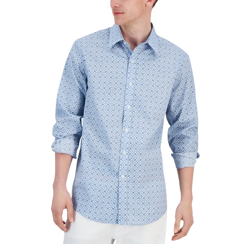 Club Room Men's Elevated Terolo Medallion Button Down Shirt Blue Combo Small